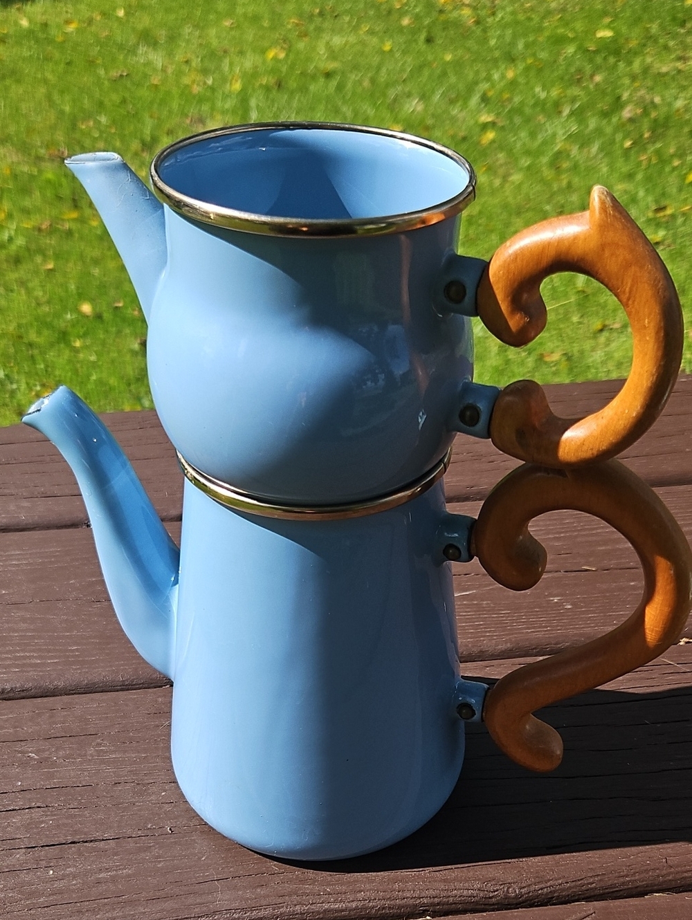 Vintage MKC Blue Enamel Double Stacked Teapot with Wooden Handles